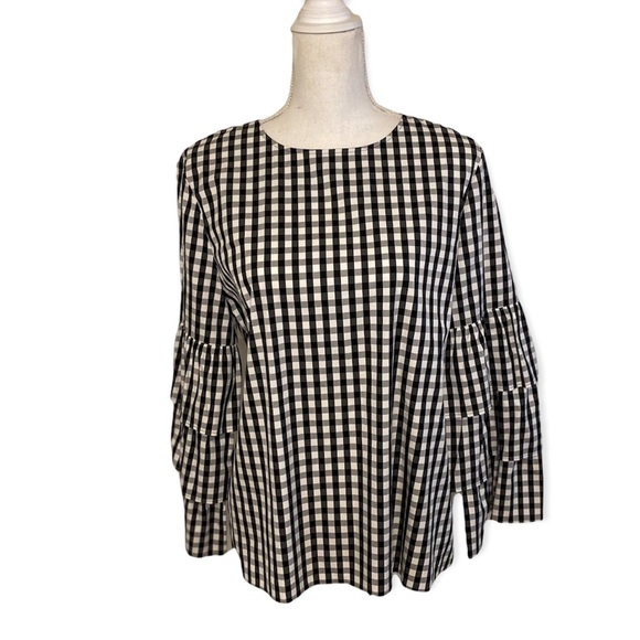 Lafayette 148 New York Revina Ruffle-Sleeve Poplin Plaid Blouse Large - Picture 3 of 14